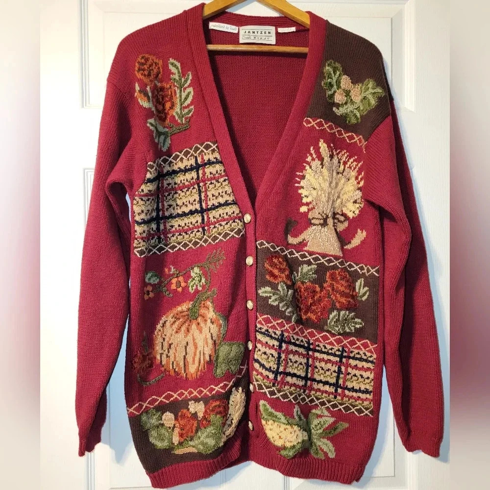 Jantzen Red Floral Patchwork Cardigan Sweater